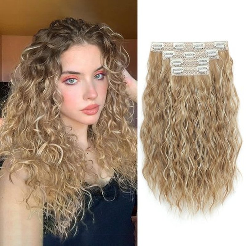Marjorie Hair Extensions,Clip in Hair Extensions with Invisible Lace Weft 14inch Short Curly Blonde Hair Extensions Clip Ins 4PCS Synthetic Hair Extension
