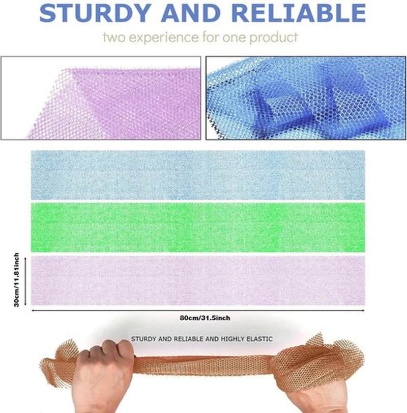 3 Pieces African exfoliating net African Net Long Net Bath Sponge Exfoliating Shower Body Scrubber Back Scrubber Skin Smoother,Great for Daily Use (Purple, Blue, Green)