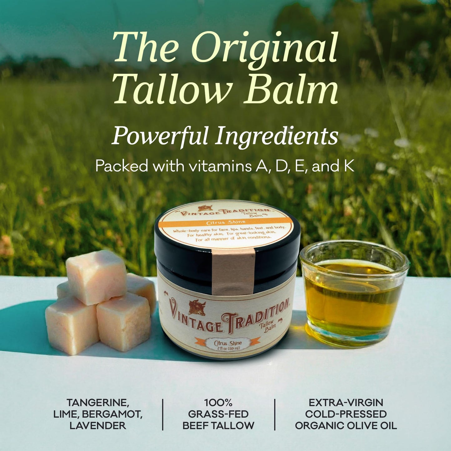 Vintage Tradition Citrus Shine The Original Beef Tallow Balm for Skin, Citrus + Lavender Scent, Smooth Moisturizing Tallow Face and Body Balm, sun irritation, oily skin, 100% Grass Fed, 2 fl oz