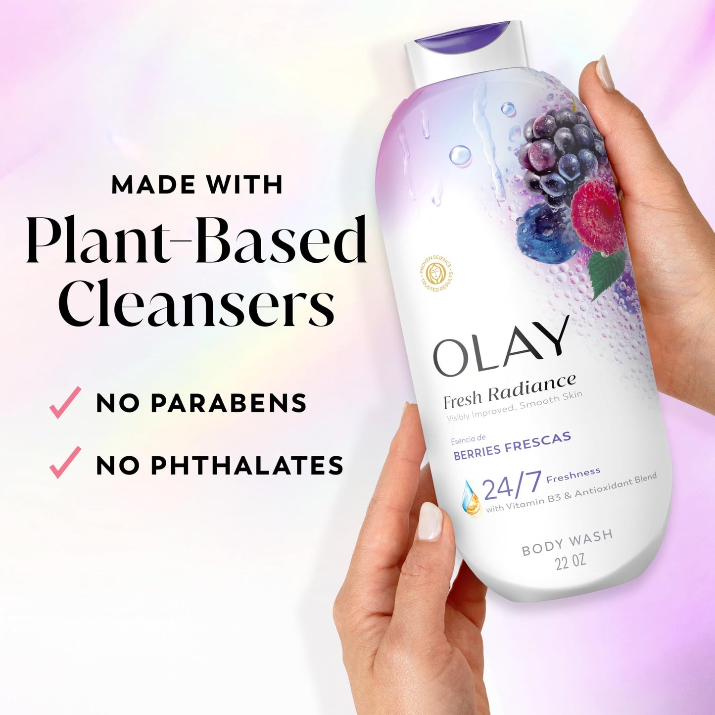 Olay Body Wash for Women, Fresh Radiance, 24/7 Skin-Loving Freshness, Visibly Radiant, Plant Based Cleansers, Vitamin B3 & Antioxidant Blend, For All Skin Types, Berries Frescas Scent, 22 fl oz