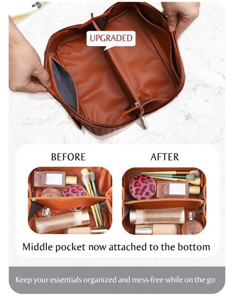 ALEXTINA Large Capacity Travel Cosmetic Bag - PU Leather Makeup Organizer Bag Portable Woven Makeup Bags for Women Waterproof Travel Toiletry Bag with Divider Pouch, Brown