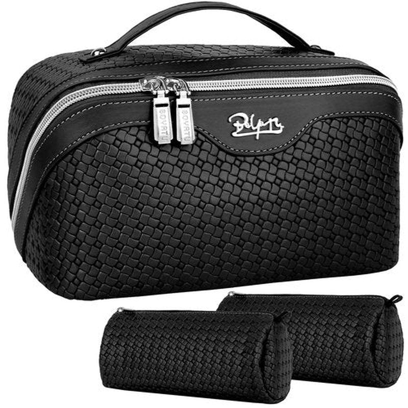 Travel Makeup Bags Cosmetic Organizer Bag: Large Capacity Make up Bag Set of 3 - Vegan Leather Woven Toiletry Bag for Women - Portable Makeup Organizer with Compartments & Handle & Divider Black