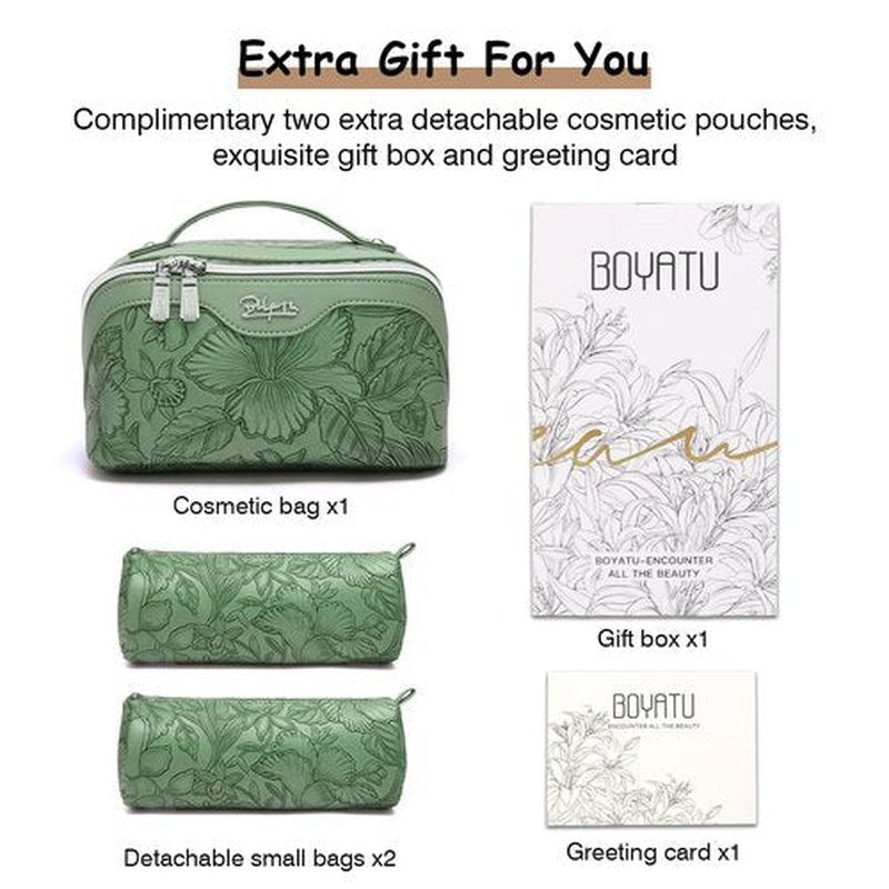 Travel Makeup Bags Cosmetic Organizer Bag: 3-Set Large Capacity Make up Bag - PU Leather Toiletry Bag for Women - Wide Open Portable Pouch with Divider & Handle (03-Green-2)