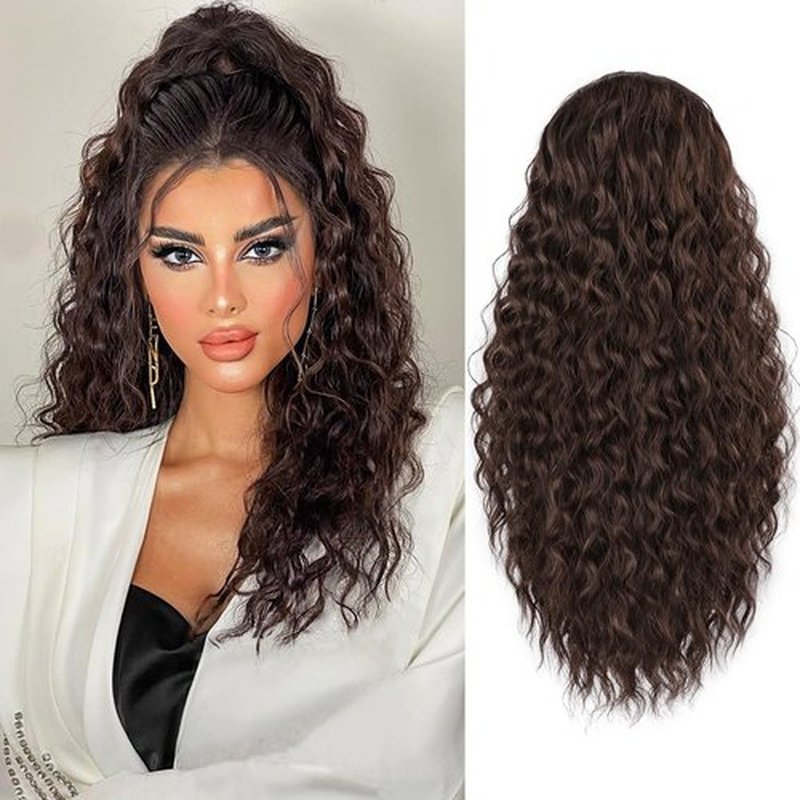 FREEMEIGE Ponytail Extension, Curly Drawstring Ponytail for Black Women Dark Brown Ponytail Hair Extensions 20 Inch Long Curly Wavy Synthetic Hair Clip in Ponytails Extension for Women