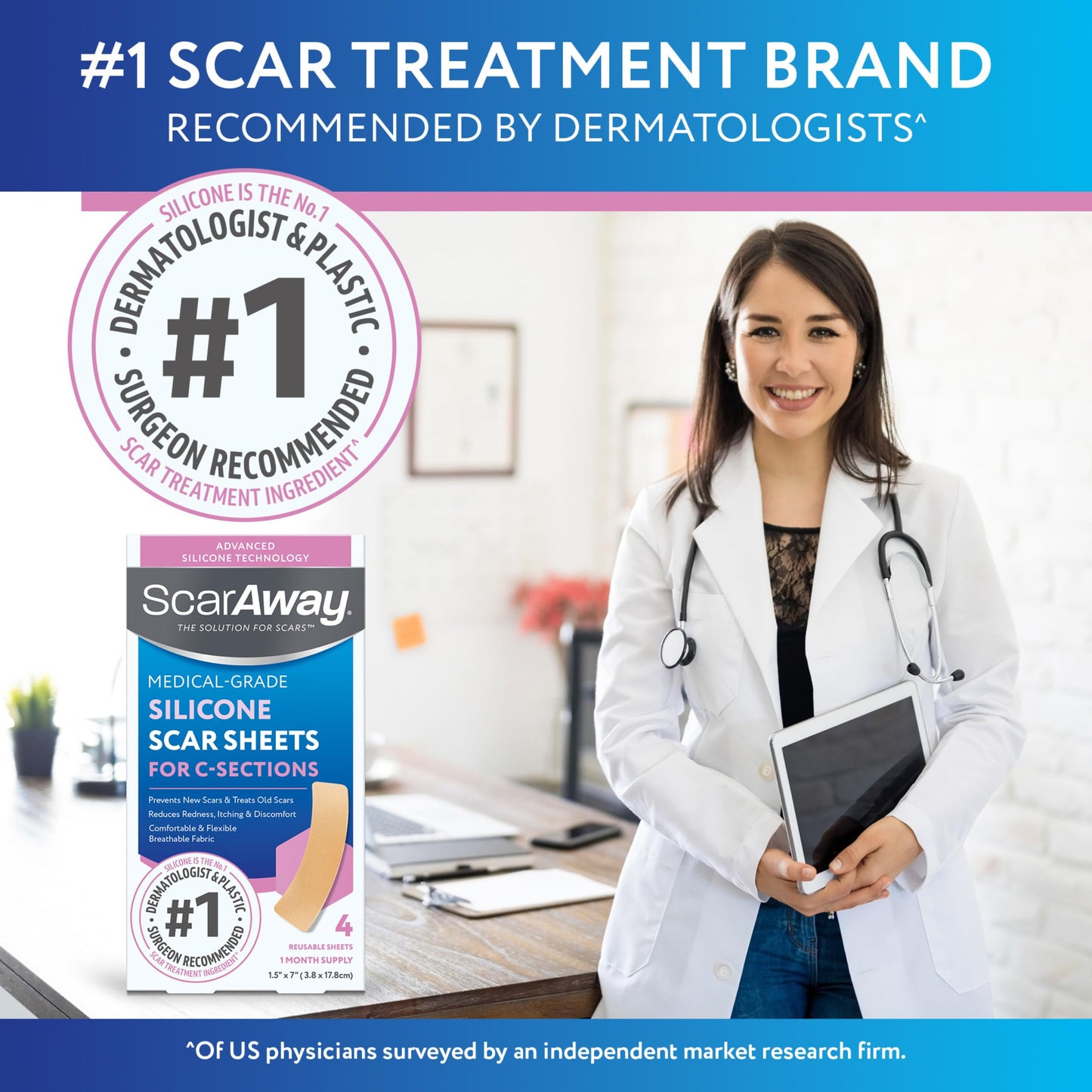 ScarAway Advanced Silicone Scar Sheets for C-Section, Reusable Strips (1.5” x 7”) for Hypertrophic and Keloid Scars from C-Section & Other Surgeries, 4 Sheets