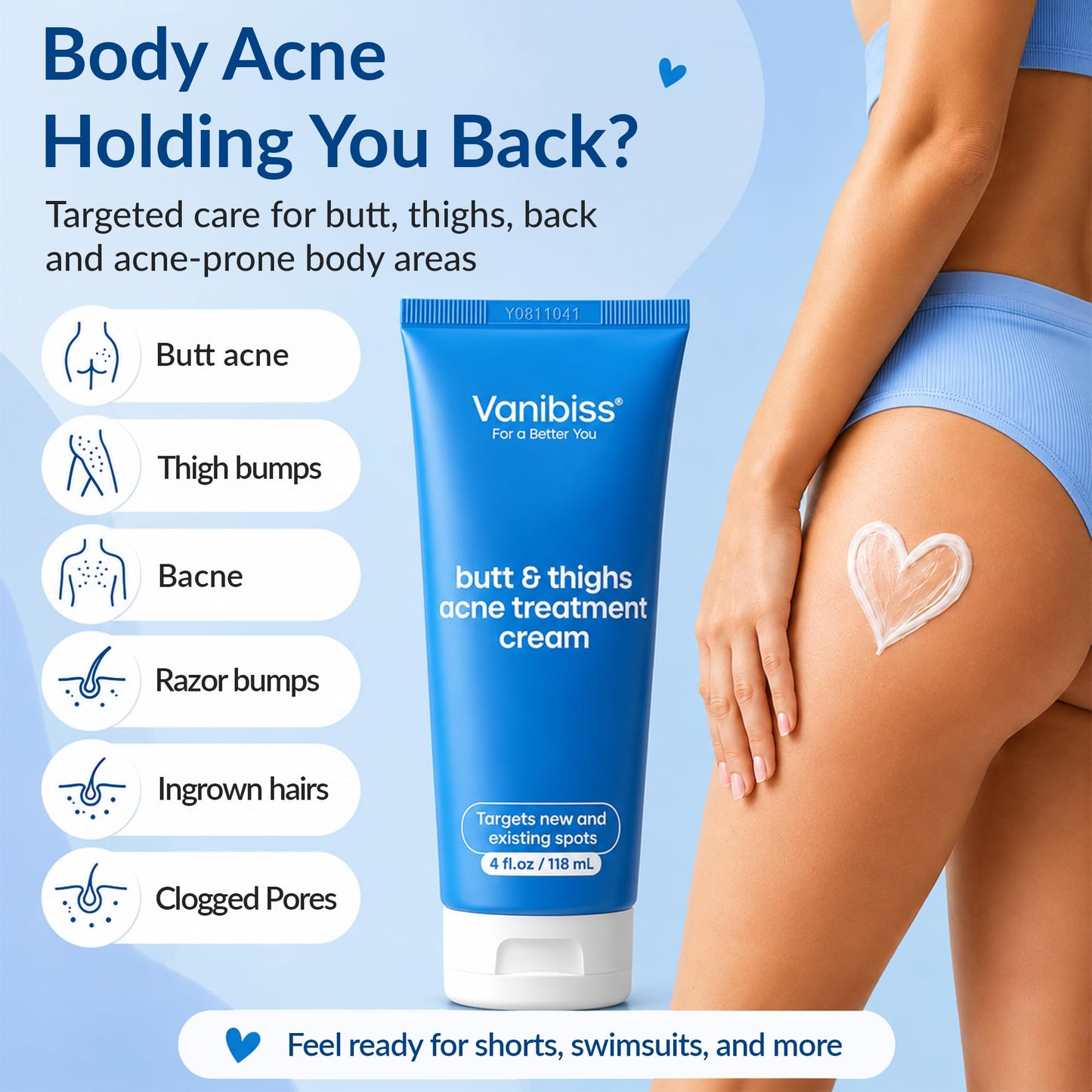 Vanibiss Butt & Thighs Acne Treatment Cream, 2% Salicylic Acid, 4 fl.oz