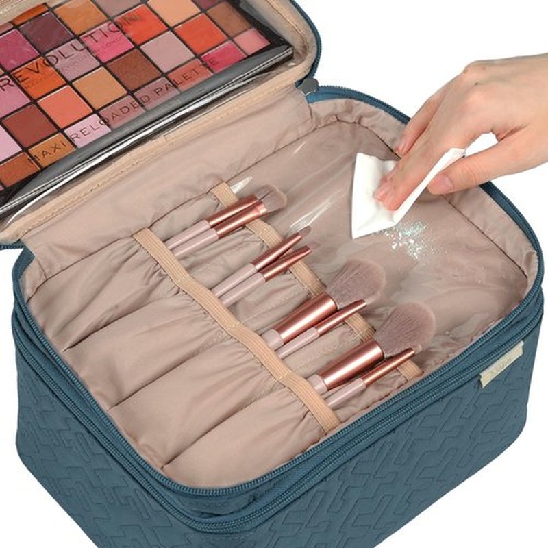 NISHEL Large Double Layer Travel Makeup Bag Women, Large Cosmetic Case, Organizer for Travel-Size Accessories Bottles, Brushes, Conditioner, and Skin Care Products, Lake Blue