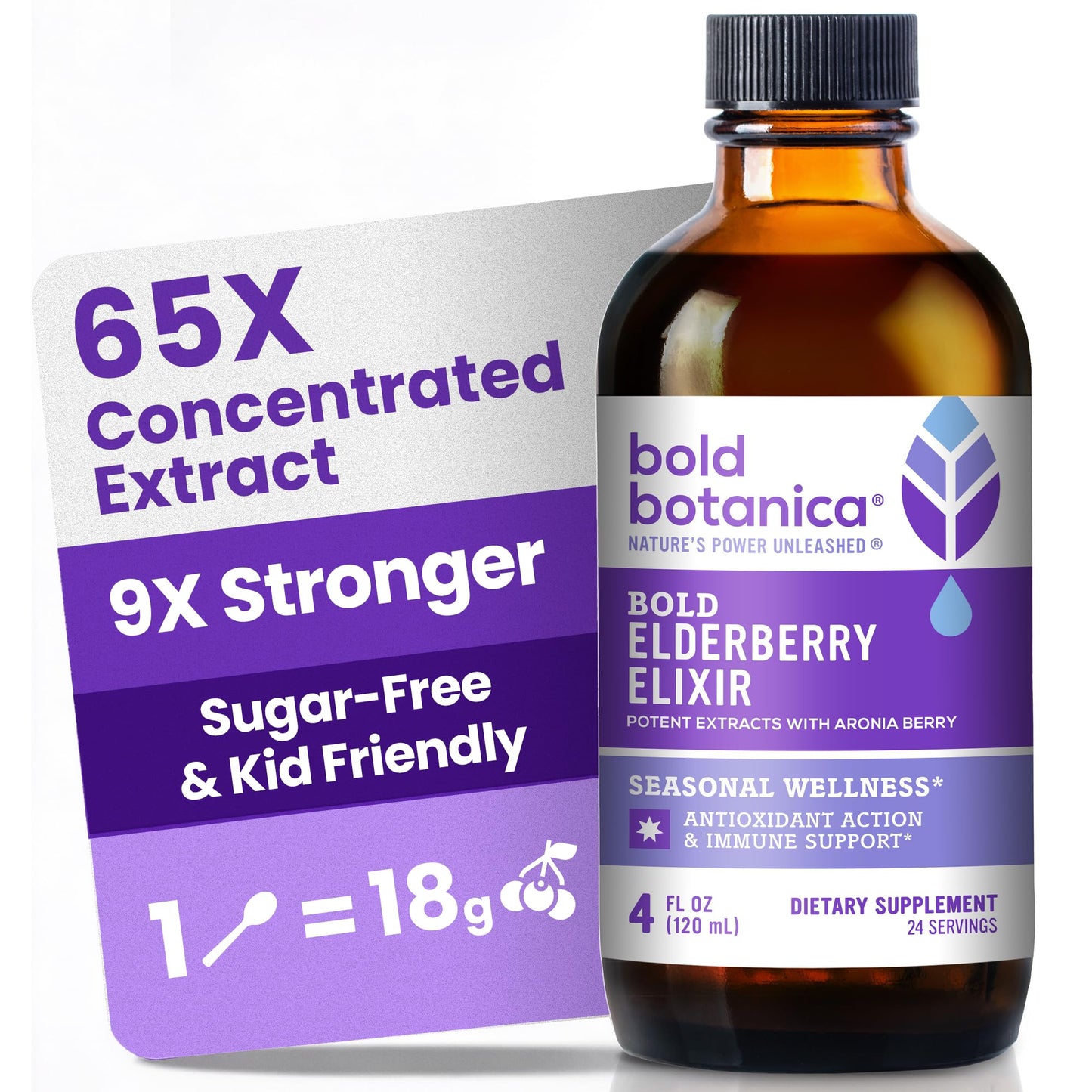 Bold Botanica Elderberry Elixir – 65X Concentrated Extract – Sugar-Free & Kid Friendly – Immune Support Elderberry Syrup for Kids & Adults with Aronia Berry & Monk Fruit – 4 fl oz