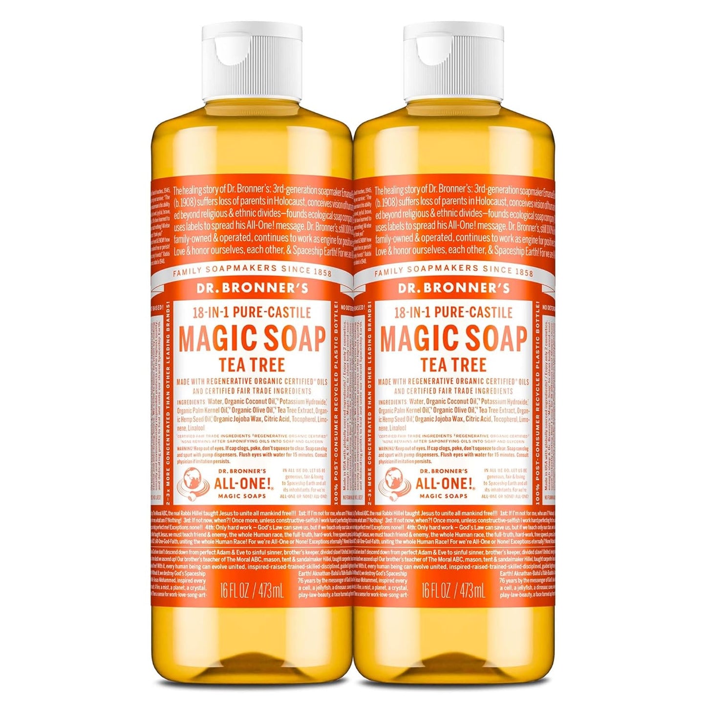 Dr. Bronner's Pure-Castile Magic Soap Liquid (Tea Tree, 16 Ounce, 2-Pack)-Made with Regenerative Organic Certified Oils, 18-in1 Uses: Face, Hair, Hand & Body Soap, Laundry- Concentrated, Vegan