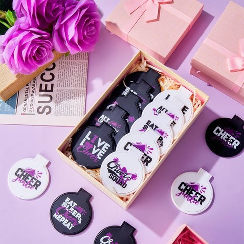 Wenqik 50 Pcs Cheerleader Mirror Gifts Cheerleading Compact Mirror Bulk Folding Pocket Mirror Cheer Party Favors for Team(Purple Cheer)