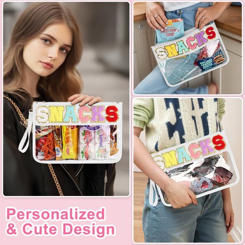 TESAFNG Snack Bag for Travel - Clear Chenille Varsity Letter Flat Pouch with Zipper, Waterproof Clear PVC&PU Preppy Patch Makeup Cosmetic tote Bags for Women Girls (White-Snacks)