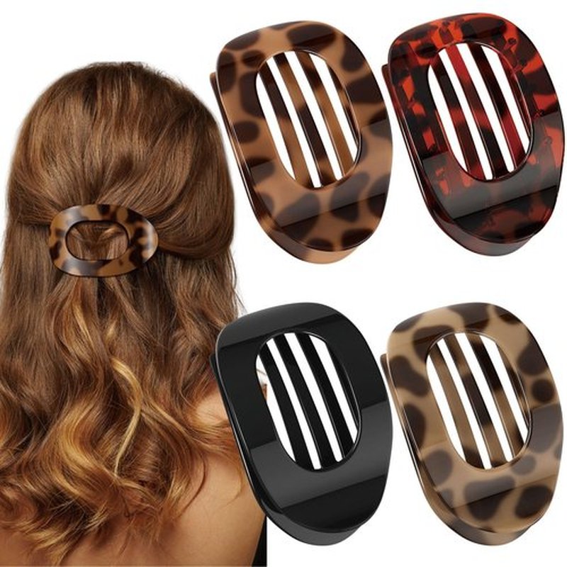 Oeusnael 4 PCS Flat Hair Clips, Round Lay Down Claw Clips for Women Girls, French Strong Hold Hair Barrettes for Thick Thin Hair, Comfortable Curved Flat Clips for Lying, Driving and More (Leopard)