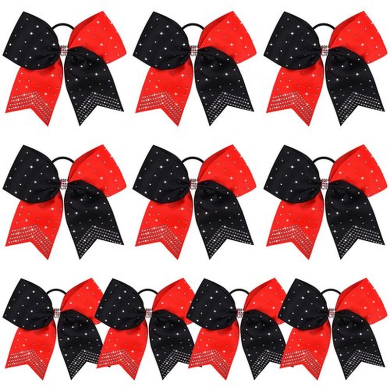 DEEKA 10 PCS Rhinestones Two Toned Large Cheer Hair Bows 7" Glitter Cheer Ponytail Holder Handmade for Teen Girls Softball Cheerleader Sports -Red/Black