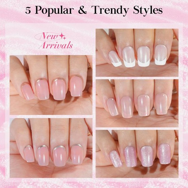 French Tip Press on Nails Short Chrome 5 Styles - 120Pcs Salon-Like Acrylic Fake Nails with Mermaid Pearl Chrome Gold Foil End Designs, Glossy & Natural Glue on Nails