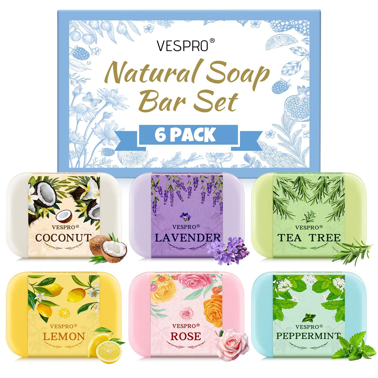 VESPRO Natural Bar Soap Gift Set with Olive Extract, Perfect Fancy Soaps for Women Gifts, Handmade Bar Soap for Teen Girls, Travel Size Soap Bar, Thank You Gifts, Party Favors for Guests(Pack of 6)