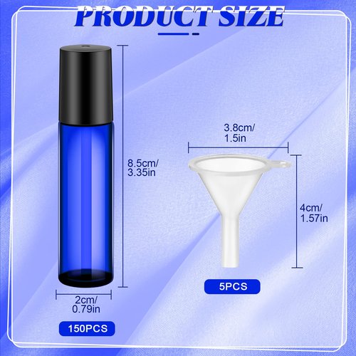Sumind 150 Pcs Essential Oil Roller Bottles 10 ml Glass Roller Bottles with Stainless Steel Roller Balls Empty Bottles Leak Proof Roll on Bottles with 5 Funnel for Travel Perfume Essential Oil (Blue)