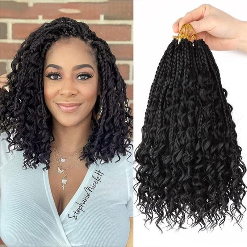 Goddess Box Braids Crochet Hair 12 Inch Boho Box Braids 8 Packs Crochet Box Braids for Black Women Pre-looped Bohemian Box Braids Crochet Braids Curly Ends Synthetic Braiding Hair Extension 1B