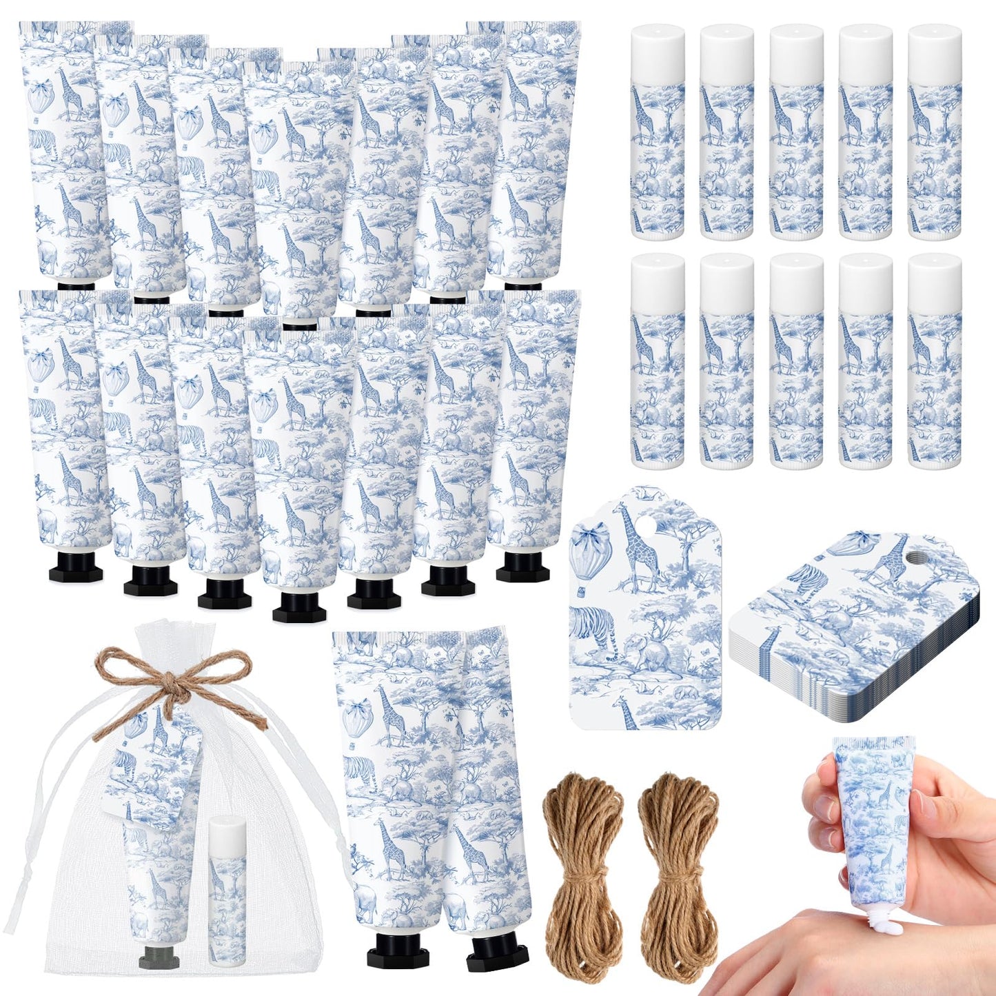Qunclay 30 Sets Toile De Jouy Baby Shower Hand Cream and Lip Balm Gift Set Blue Chinoiserie Safari Animals Travel Size Hand Lotion Lip Balm Gifts Baby Bridal Shower Party Supplies for Guests