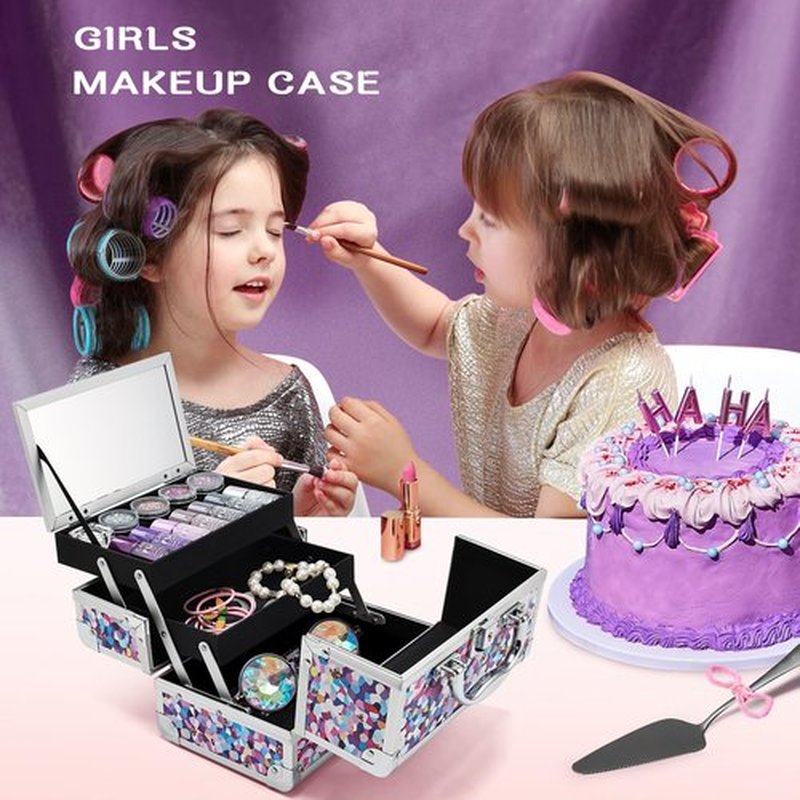Joligrace Makeup Box Cosmetic Train Case Jewelry Organizer Lockable with Keys and Mirror 2-Tier Tray Portable Carrying with Handle Travel Storage (Spotted Purple)