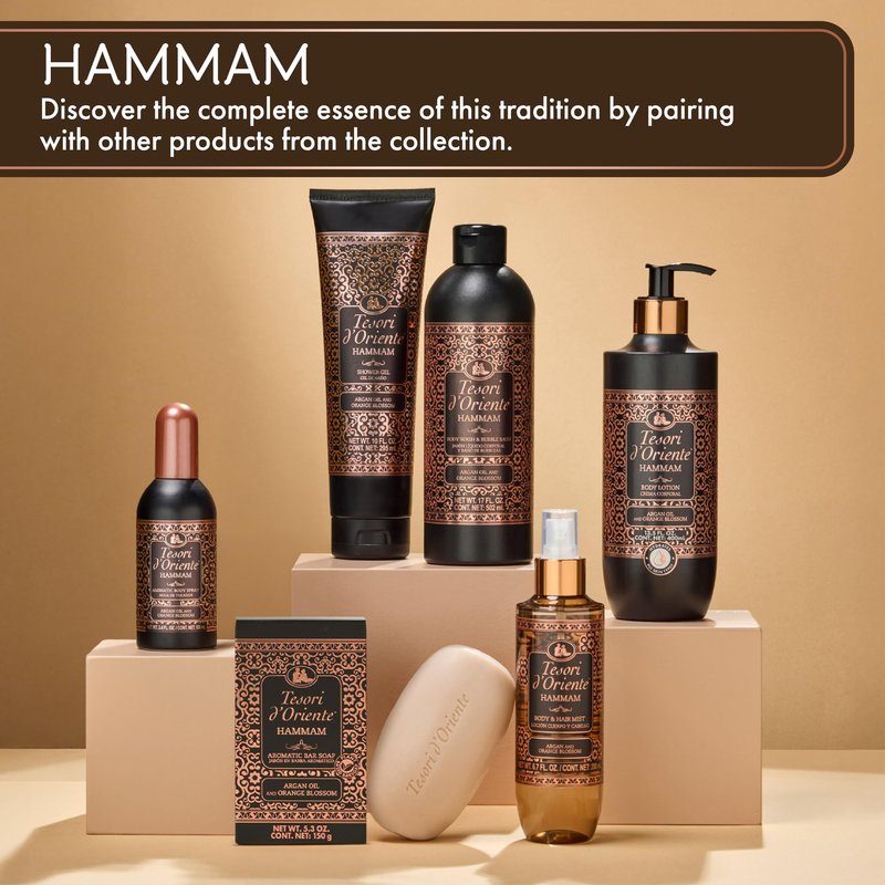 Tesori d’Oriente Hammam Shower Gel, 10 fl oz, Gentle, Hydrating Body Wash with Argan Oil & Vitamin E, Warm Orange Blossom Scented, No Silicones, Parabens & Mineral Oil