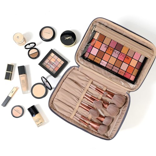 NISHEL Large Double Layer Travel Makeup Bag Women, Large Cosmetic Case, Organizer for Travel-Size Accessories Bottles, Brushes, Conditioner, and Skin Care Products, Rose-wood Pink