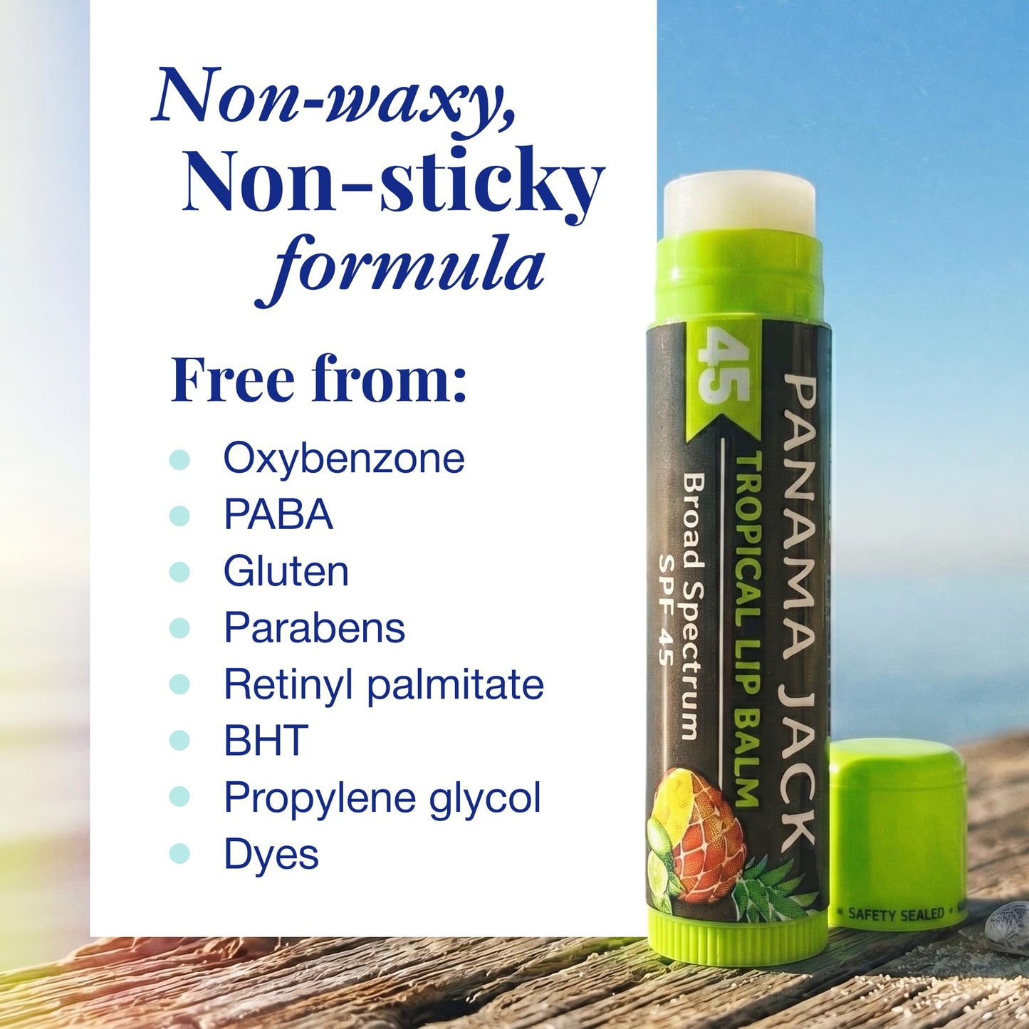 Panama Jack Sunscreen Lip Balm - SPF 45, Broad Spectrum UVA-UVB Sunscreen Protection, Prevents & Soothes Dry, Chapped Lips, Tropical, 2-pack