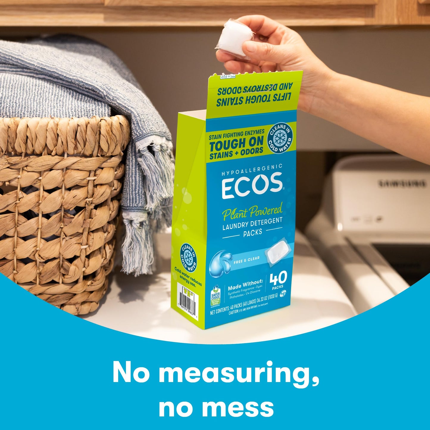 ECOS Laundry Detergent Packs, 80 Loads - 100% Plastic Free Packaging - Convenient No Mess Washing Soap Packs - Hypoallergenic for Sensitive Skin - Free & Clear
