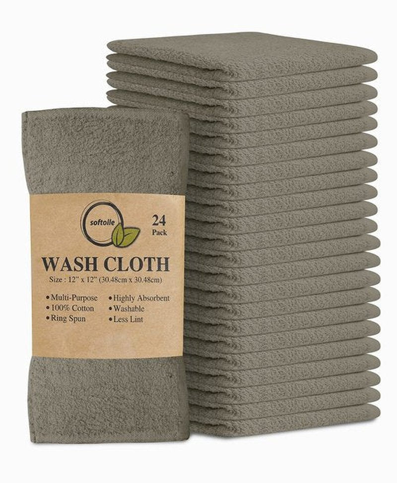 Softolle 100% Cotton Ring Spun Wash Cloths – Bulk Pack of Washcloths – 12x12 Inches – Wash Cloth for Face, Highly Absorbent, Soft and Face Towels (Taupe, 24 Pack)