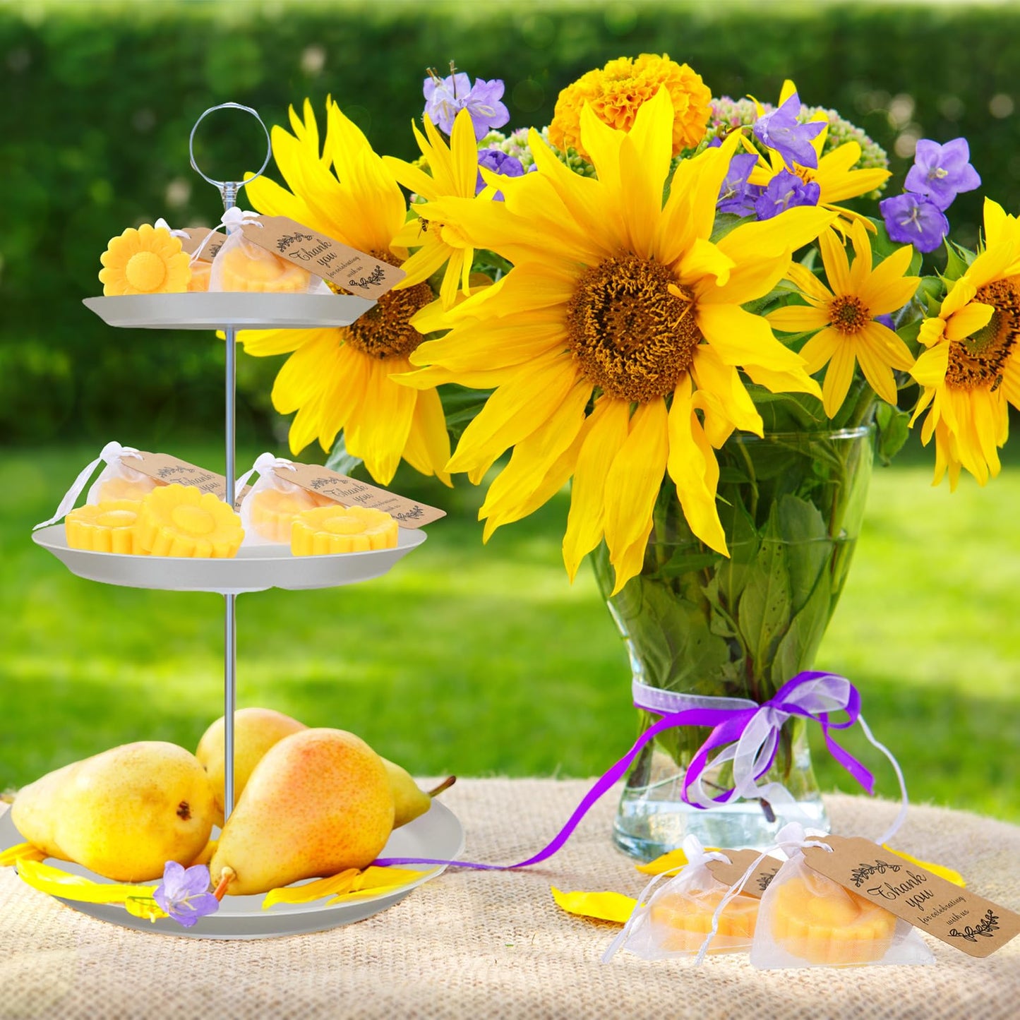 Dansib 25 Set Sunflower Mini Soap for Wedding Party Favors Bridal Shower Favors Baby Shower Soap Guests Gifts Small Handmade with Drawstring Organza Bags and Thank You Cards(Yellow)