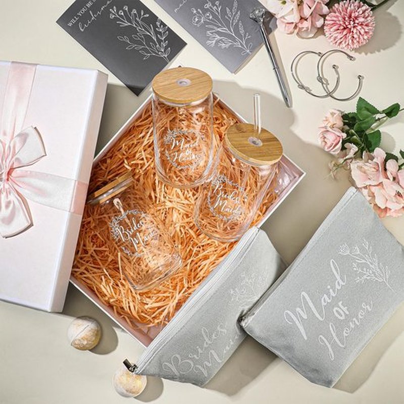 Skybooly 18 Pcs Bridesmaid Proposal Gifts Maid of Honor Gifts Including Brides Maid Glass Cup Makeup Bag Diamond Pen Bracelet Invited Cards for Wedding Party Favors(Gray)