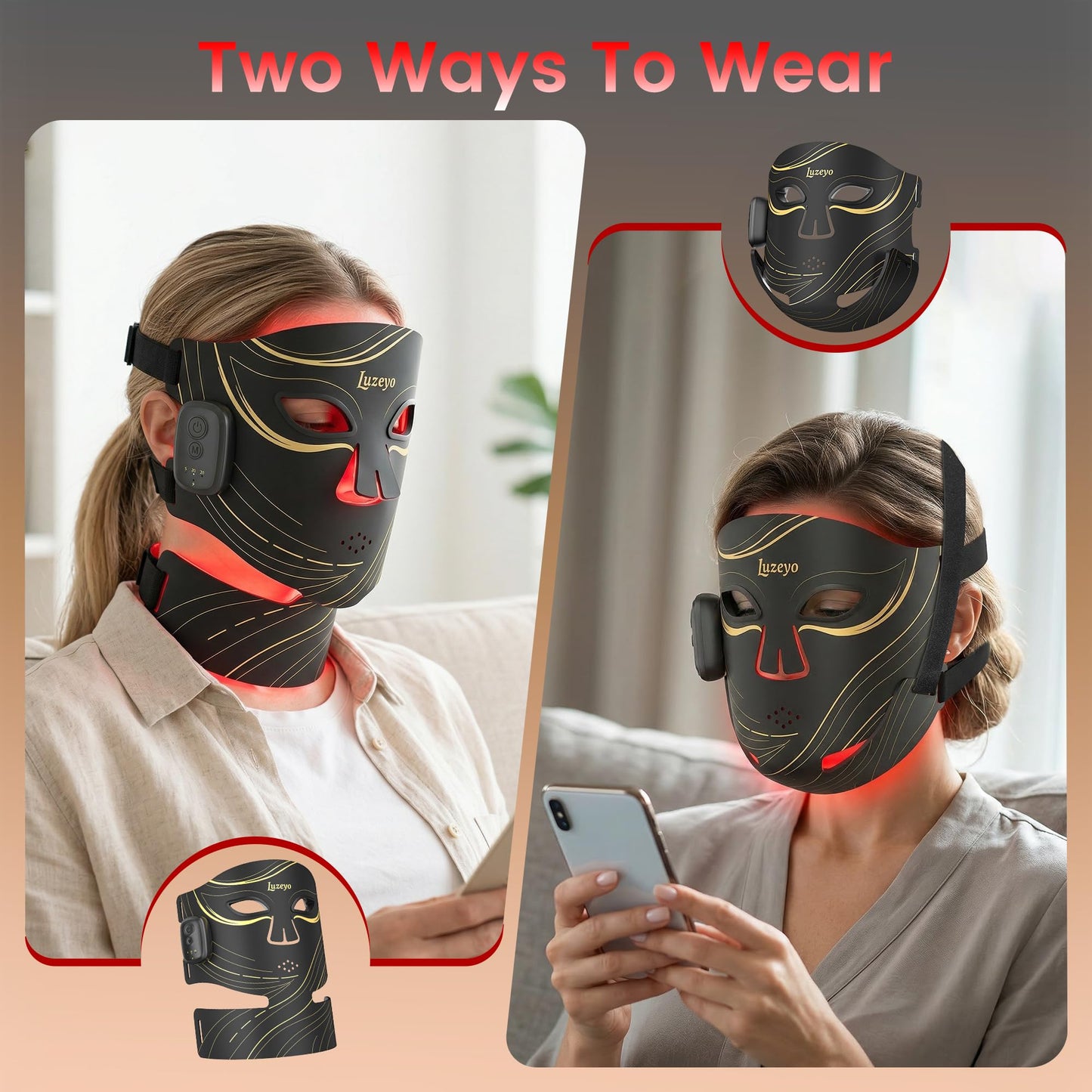 Wireless Red Light Therapy Mask for Face, Anti-Wrinkle & Acne Treatment for Full Face, Chin & Neck, 850nm Infrared Portable LED Face Mask for Home & Travel Use, Ideal Skincare Gifts for Women