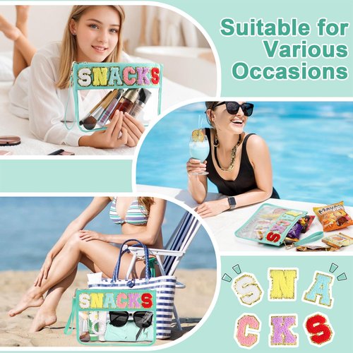 TESAFNG Snack Bag for Travel - Clear Chenille Varsity Letter Flat Pouch with Zipper, Waterproof Clear PVC&PU Preppy Patch Makeup Cosmetic tote Bags for Women (Green-Snacks)