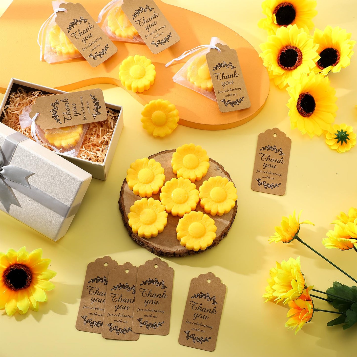 Dansib 25 Set Sunflower Mini Soap for Wedding Party Favors Bridal Shower Favors Baby Shower Soap Guests Gifts Small Handmade with Drawstring Organza Bags and Thank You Cards(Yellow)