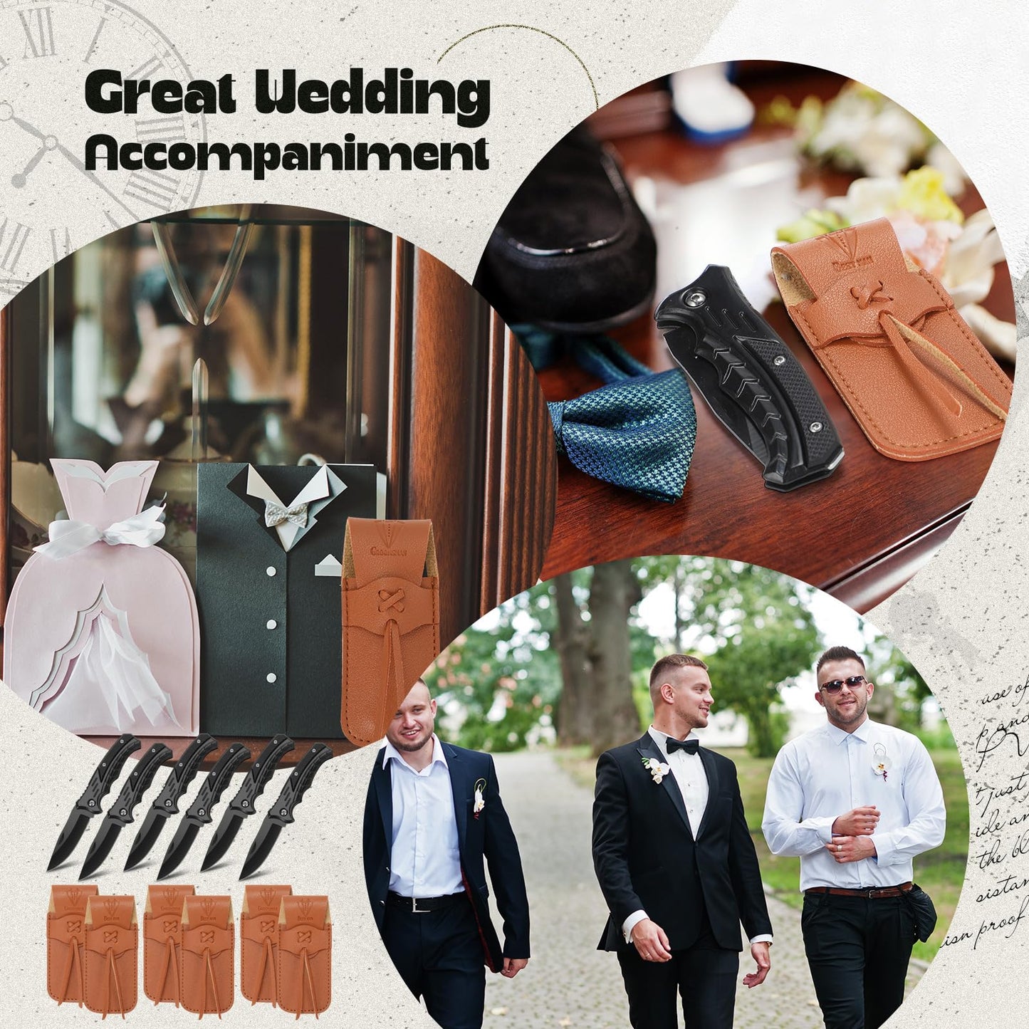 Abbylike 6 Set Groomsmen Gifts Personalized Groomsmen Knife with Leather Sheaths Mini Folding Knives Proposal Gifts for Wedding Party Favors(Classic,Black)