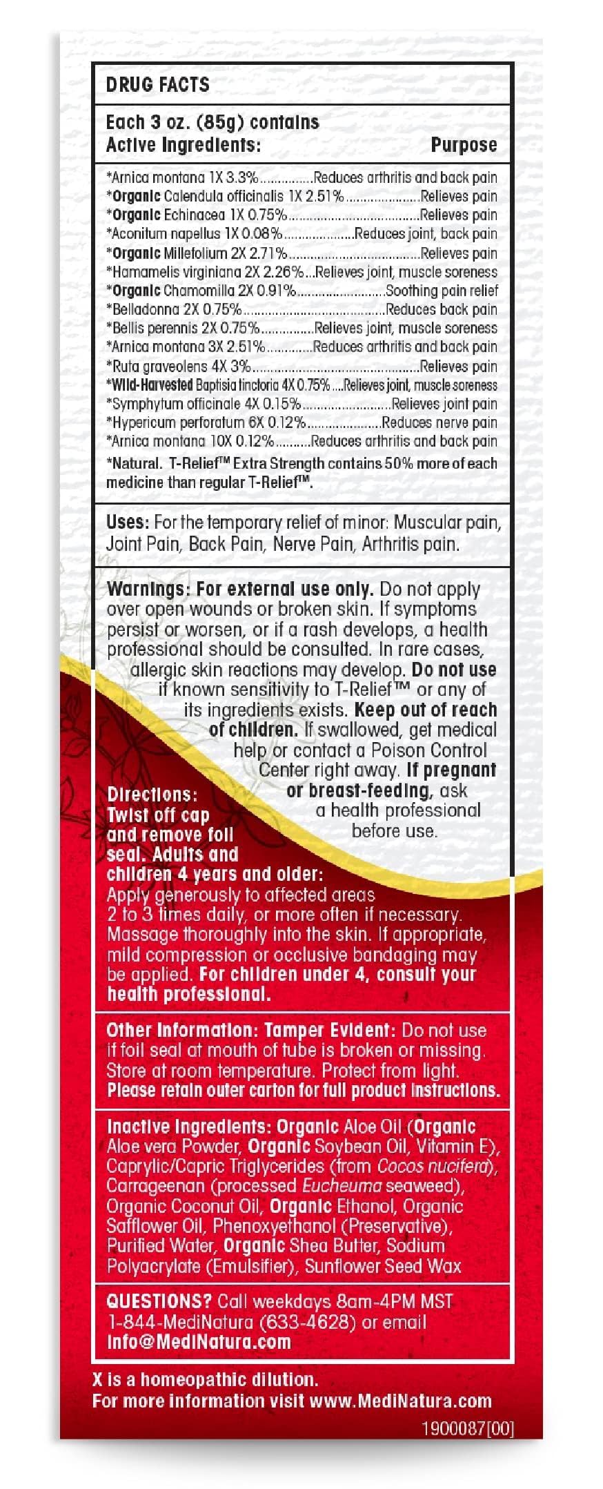 MediNatura T-Relief Extra Strength Cream Arnica +12 Natural Relieving Actives for Back Pain Joint Soreness Muscle Aches & Stiffness, Whole Body Fast Acting Relief for Women & Men - 3 oz