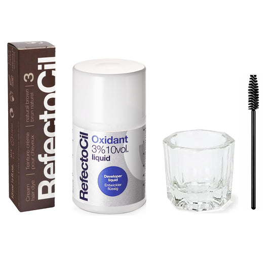 RefectoCil Natural Brown (#3) Hair Tinting Kit Includes Cream Hair Dye + Liquid Oxidant 3% + Mixing Brush & Mixing Dish
