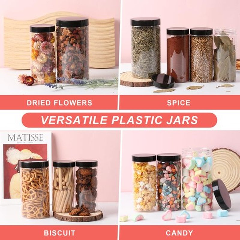 Jaisie.W Plastic Jars with Lids 32 oz 6Pack,Empty Clear Plastic Jars with Lids for Storage, Round Leakproof Containers for Nuts,Cookies,Dried Fruit,Small Snacks(32fl.oz,set of 6)