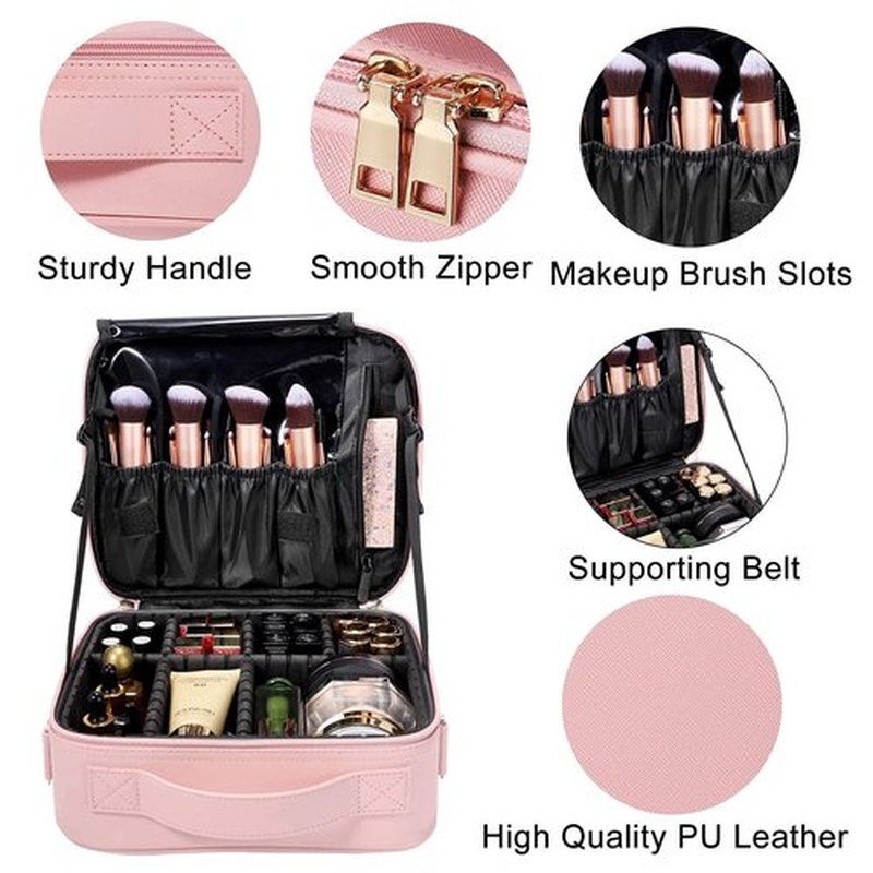 gzcz Makeup Bag Organizer 10.2'' Travel Makeup Train Case Cosmetic Brush Organizer Portable Artist Storage bag with Adjustable Dividers and shoulder strap for Make up Accessories (Cute Pink)
