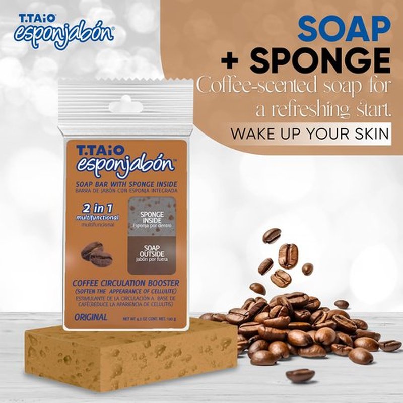 T.Taio Coffee Esponjabon Soap Sponge - Gentle Shower Scrubber - Cleaning Bath Wash Scrub - Dirt & Oil Removal - Massage & Lather Foot, Elbow, & Face Bathroom Accessories Fresh Nacre Scent