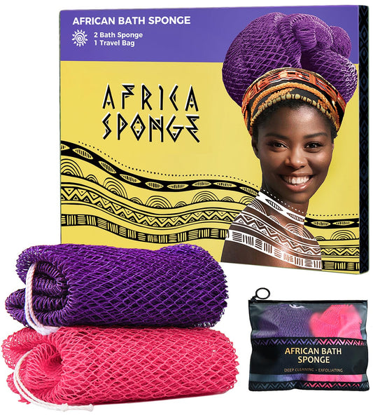 African Net Sponge Authentic - 2 Pieces Real African Exfoliating Loofah Sponge with Knots - African Net Wash Cloths for Body Scrubber Exfoliator Purple & Pink - Back Scrub for Shower Bath Accessories