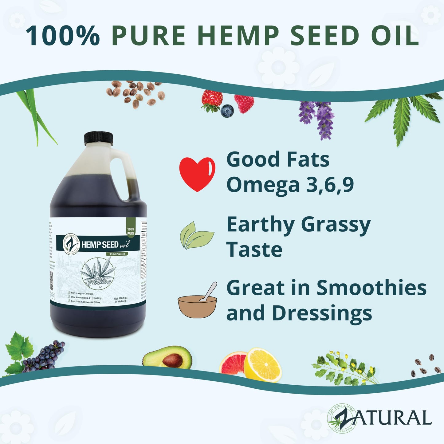 Zatural 100% Pure Hemp Seed Oil - Food Grade & Cold Pressed - Virgin Hemp Oil for Cooking, Smoothies, and Salads (1 Gallon)