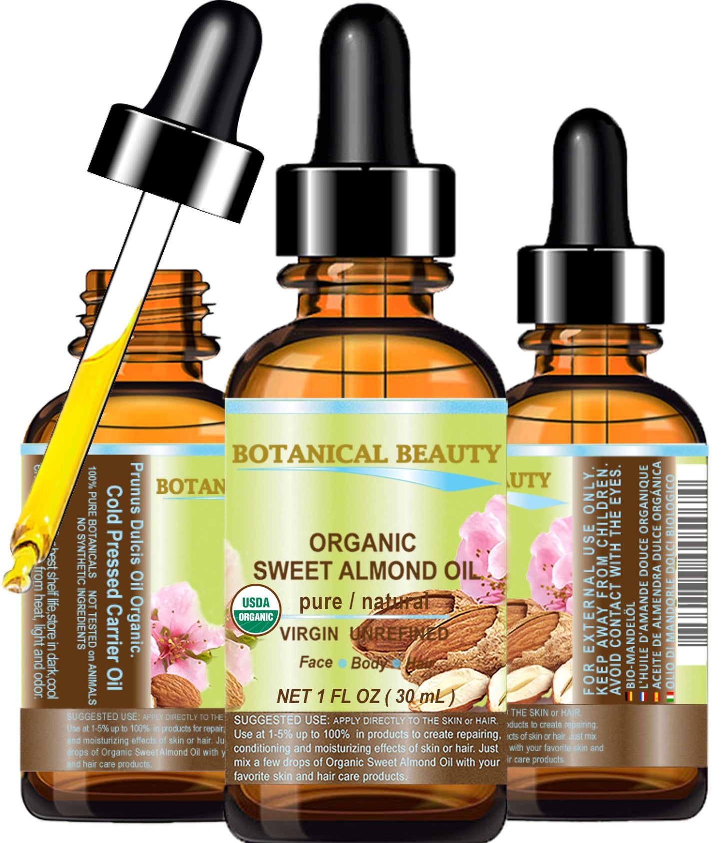 Botanical Beauty‎ Organic SWEET ALMOND OIL 100% Pure Natural Virgin Unrefined Undiluted Cold Pressed Carrier Oil for Face, Skin, Body, Hair, Massage, Nails. 1 Fl. oz - 30 ml