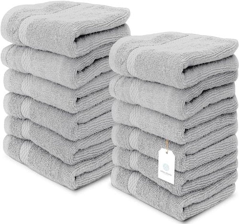 White Classic Luxury Cotton Washcloths - Large Hotel Spa Bathroom Face Towel | 12 Pack | Dolphin Gray