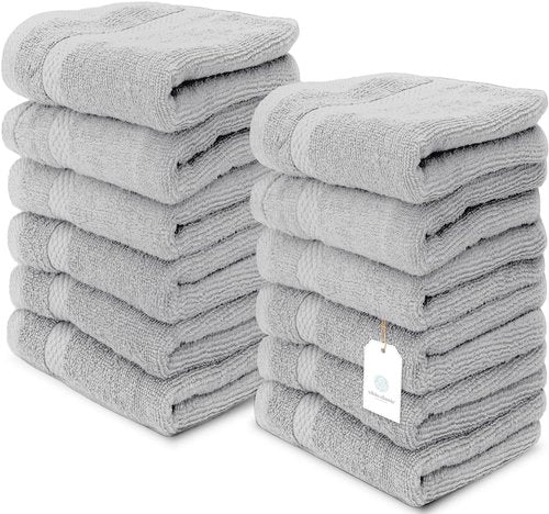 White Classic Luxury Cotton Washcloths - Large Hotel Spa Bathroom Face Towel | 12 Pack | Dolphin Gray
