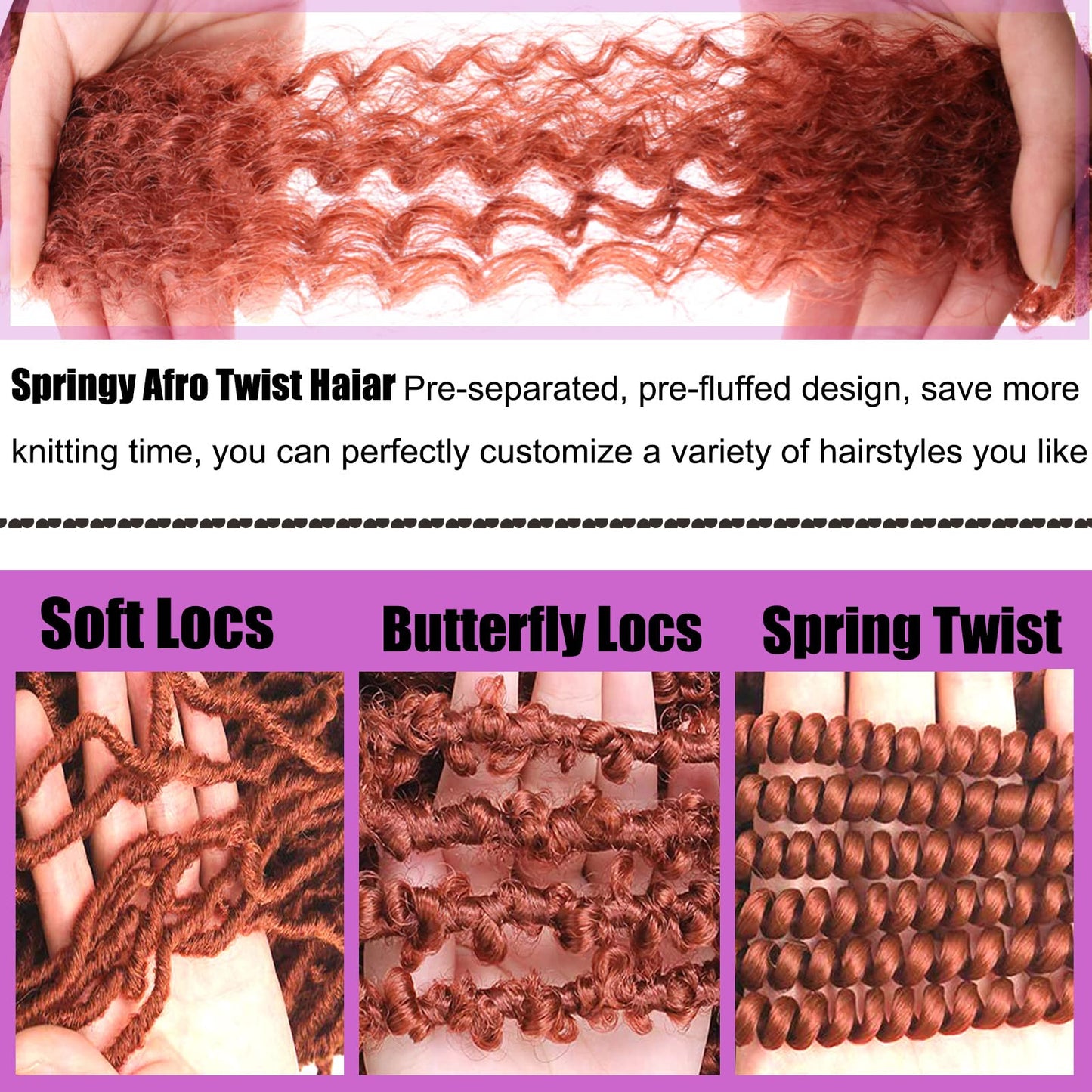 ZRQ 8 Packs Black Springy Afro Twist Hair 30 Inch Pre-Separated Spring Twist Marley Crochet Braiding Hair For Distressed Soft Locs Synthetic Hair Extension For Black Women 8 Strands/Pack (1B#)