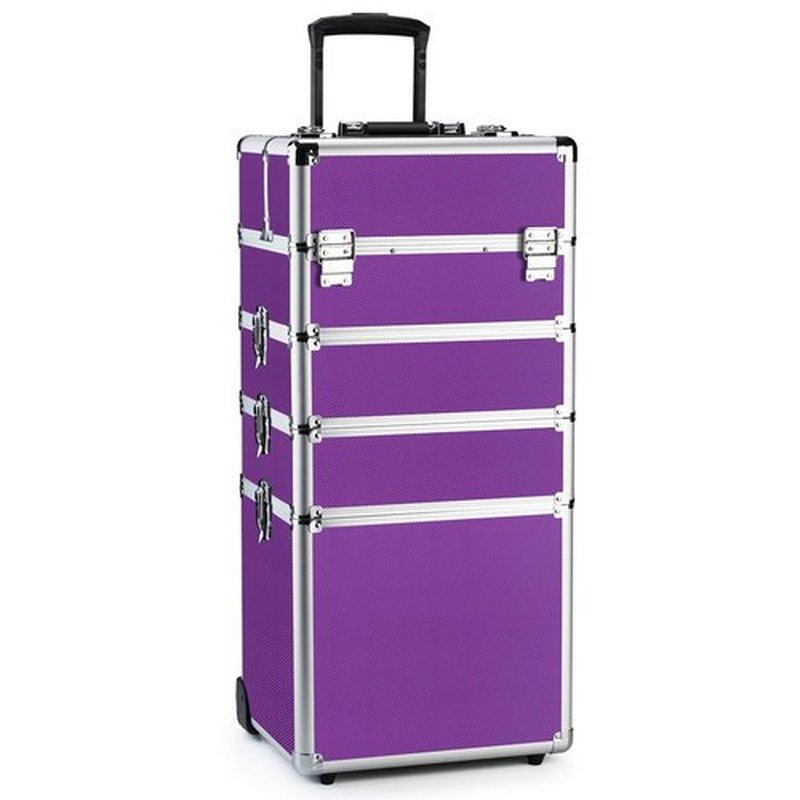 OUDMAY Makeup Case 4 in 1 Professional Cosmetics Rolling Train Organizer with Aluminum Frame and Folding Trays Purple