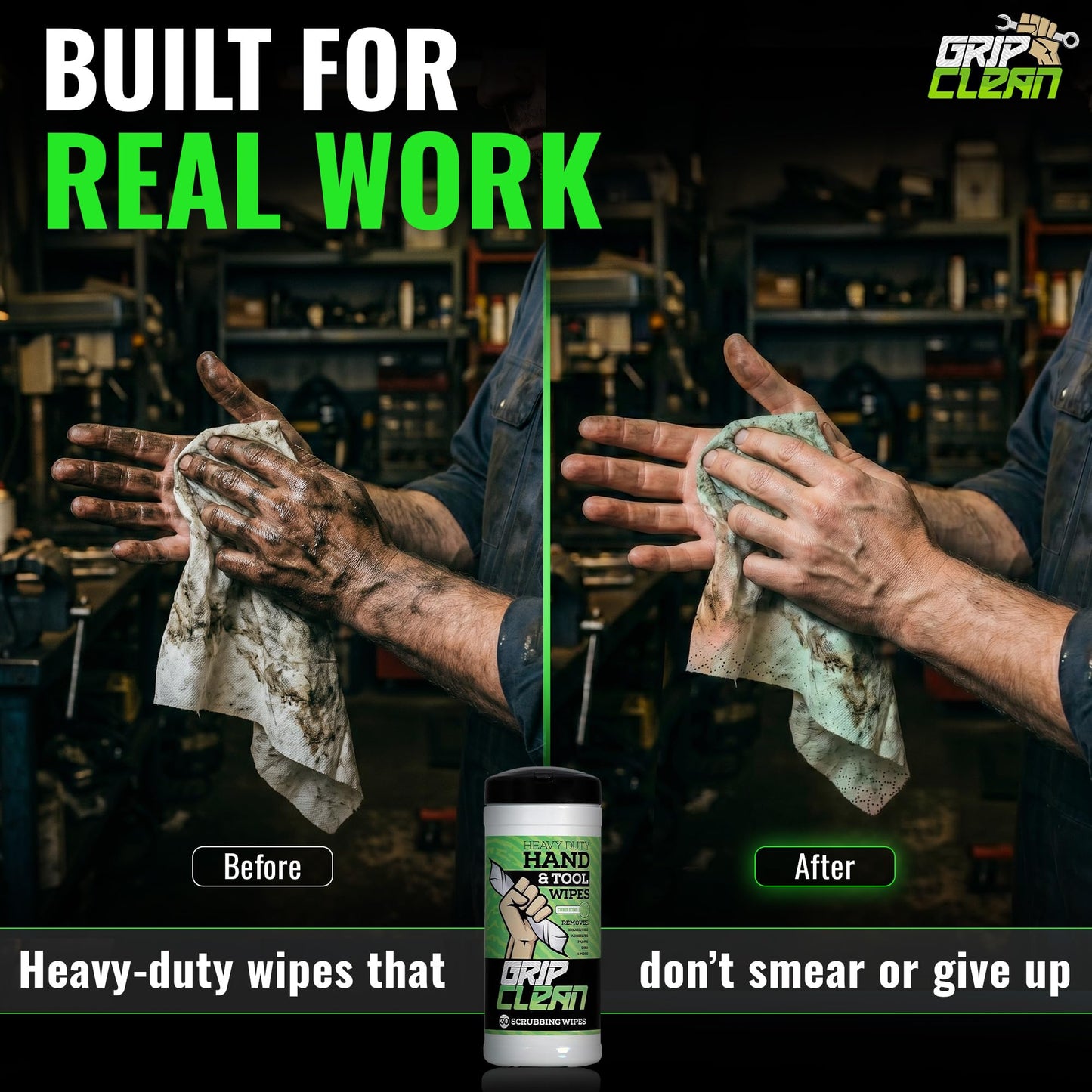Grip Clean Heavy Duty Hand & Tool Cleaning Wipes – Waterless Hand Cleaner for Mechanics, Garage & Shop Use – Dual-Sided Grease, Oil & Paint Remover Wipes with Citrus Scent - 30ct (6 Pack)