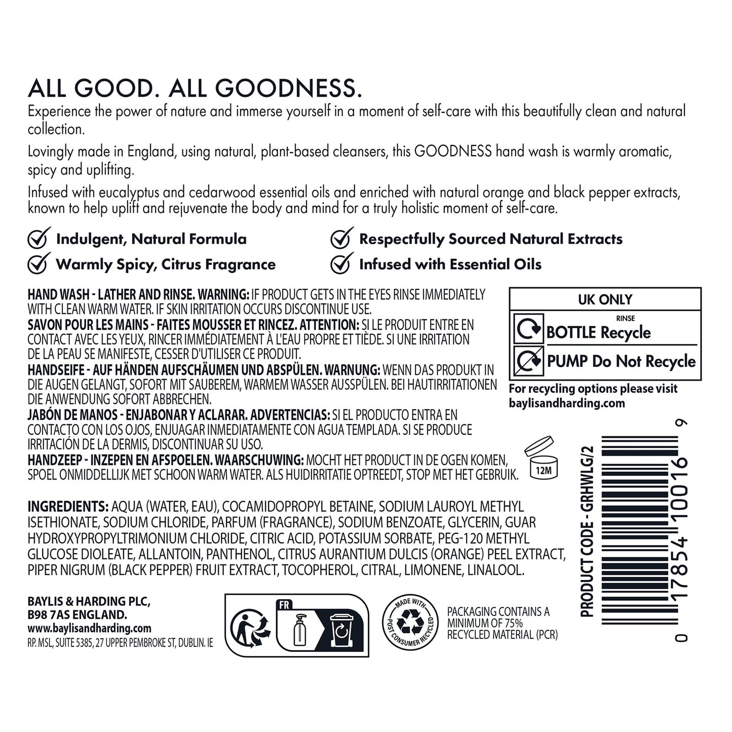 Baylis & Harding Liquid Hand Soap Wash with Dispenser, Goodness, Lemongrass & Ginger, 16.9oz/500ml (3-Pack)