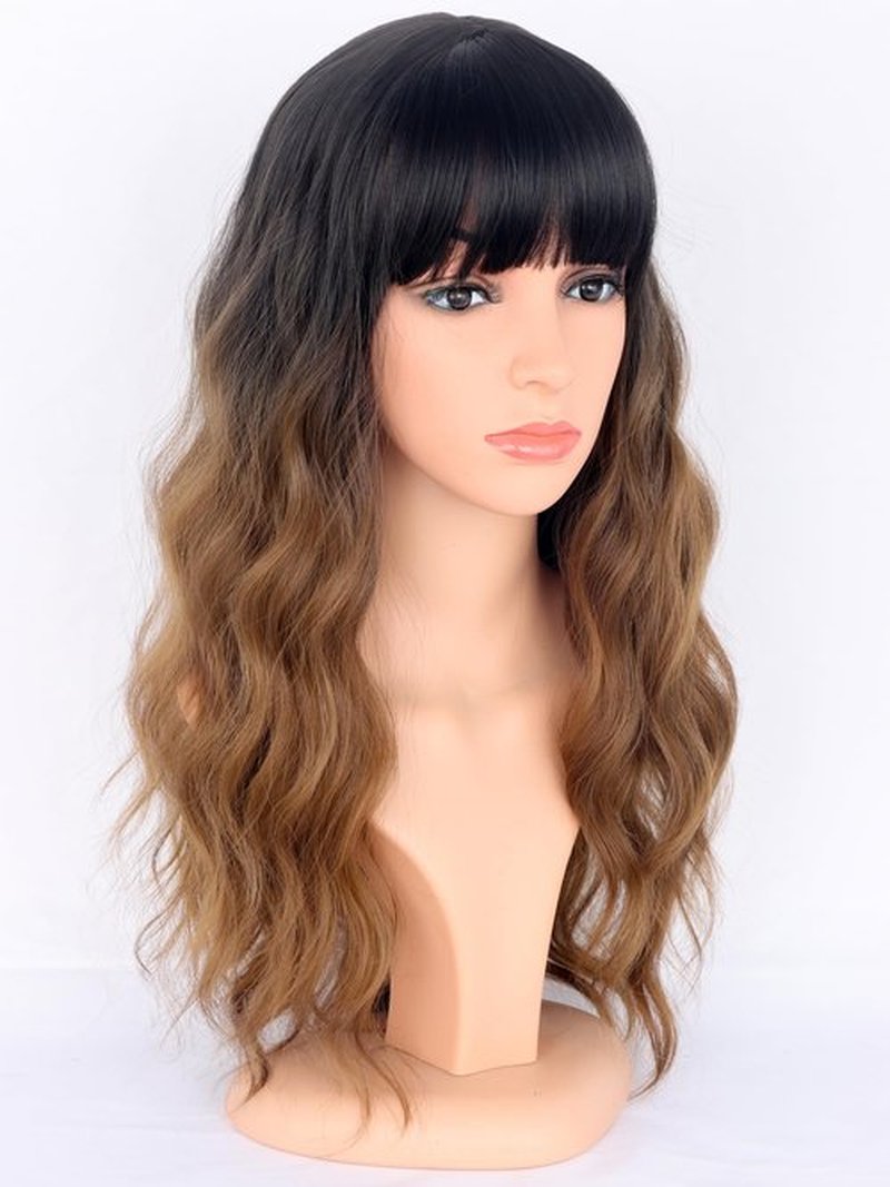 SYMEIW Ombre Brown Wavy Wigs with Bangs for Women Medium Long Brown Synthetic Wigs Natural Wavy Black To Brown Wigs Heat Resistant for Daily Party Use