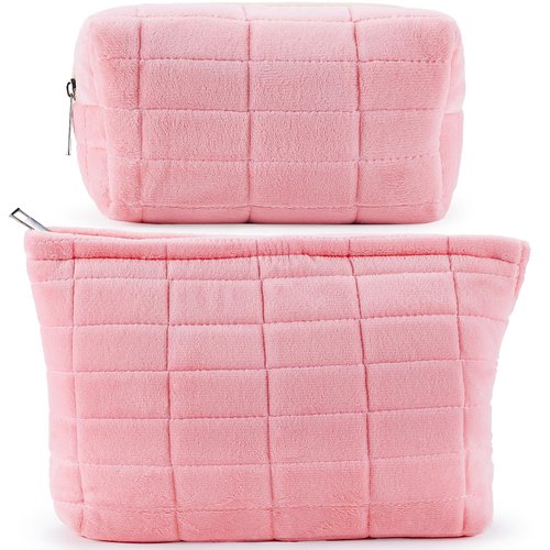 ZLFSRQ 2Pcs Makeup Bag for Women Trendy Large Capacity Cosmetic Bag Plush Pink Checkered Makeup Pouch for Purse Coquette Zippered Bag Organizer Y2K Aesthetic Accessories Makeup Brush Storage Bag